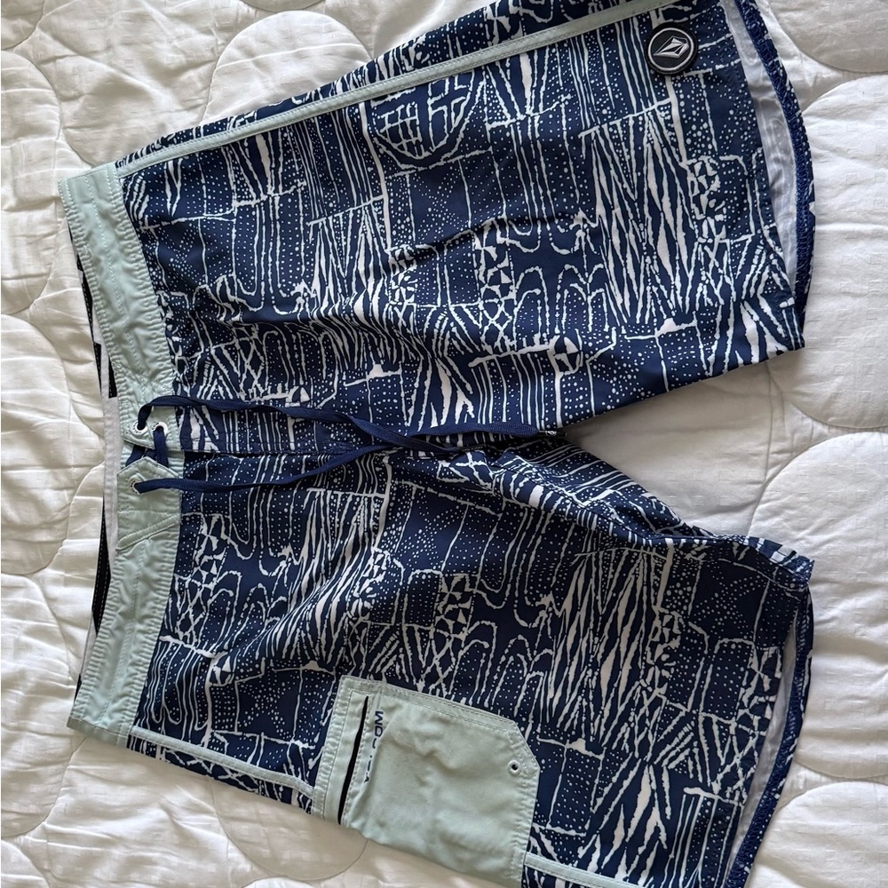 Volcom Blue and White Artistic Board Shorts